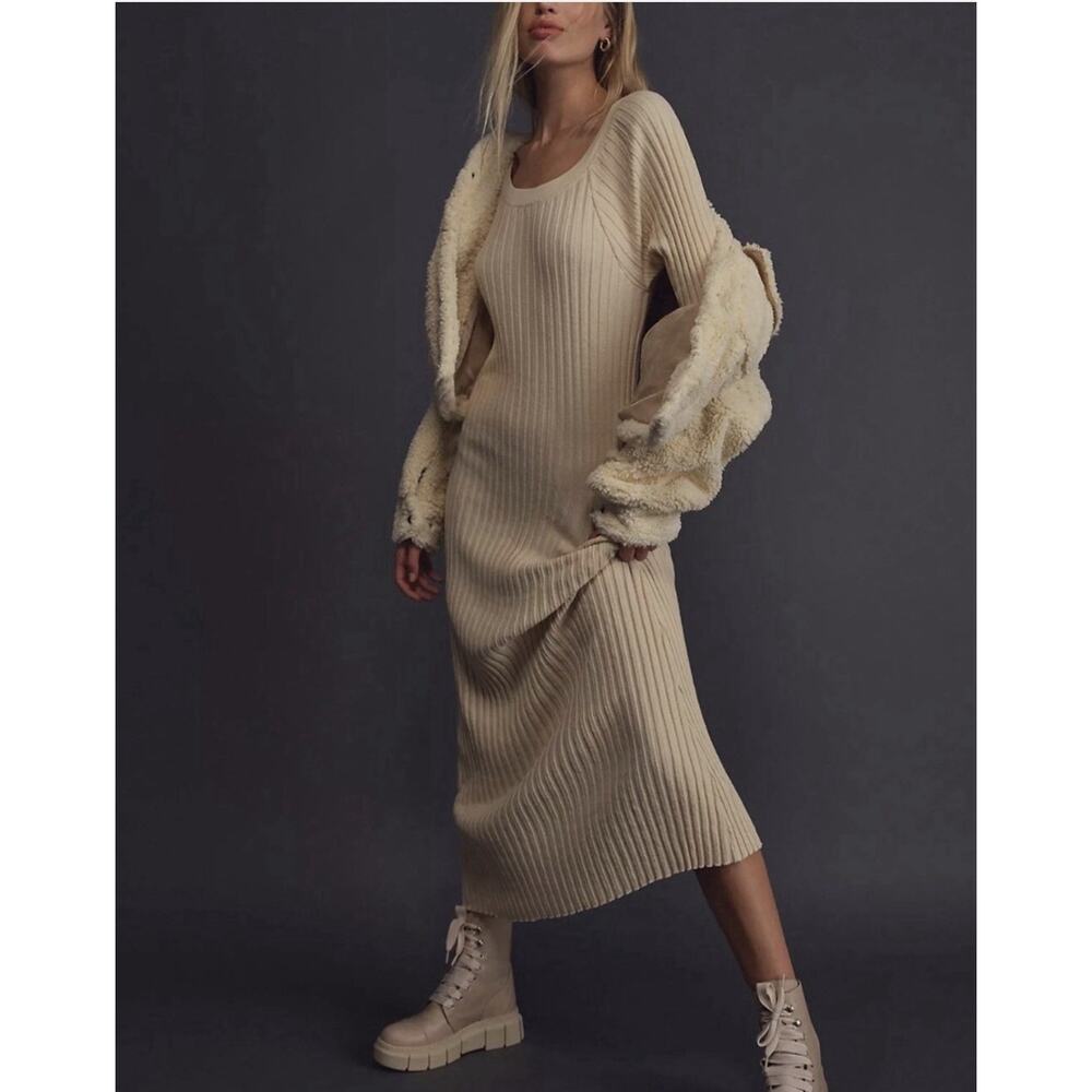 Free People Beach Walk About Maxi Dress Small Cream Rib Knit Long Sleeve Coastal